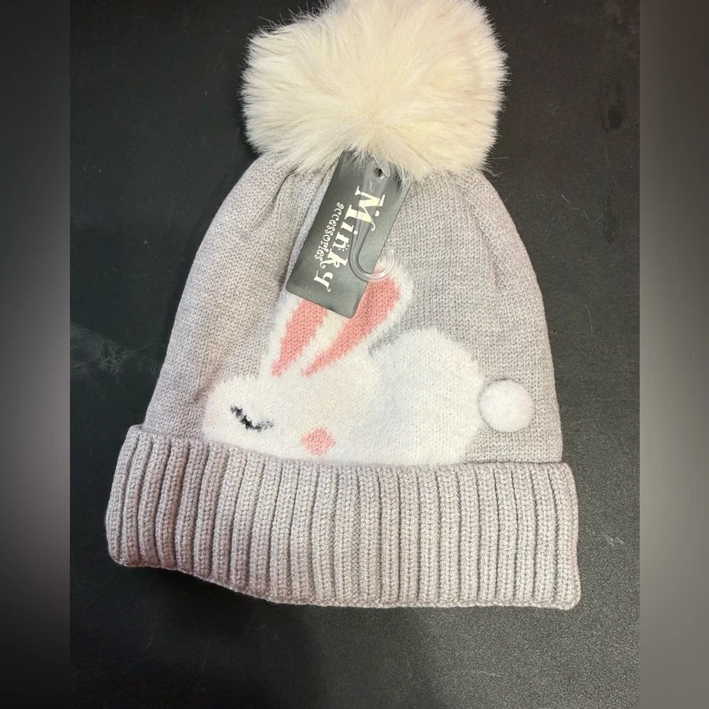 Kids Bunny Beanie - Light Gray and Pink